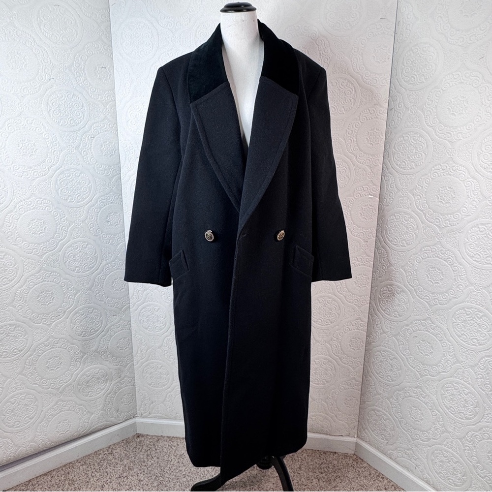 Vintage DonnyBrook sz 12 Women's Black Wool Full Length Coat Velour Neckline